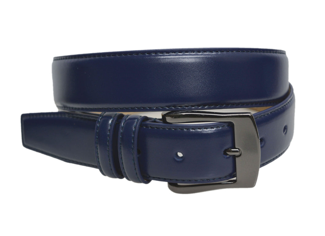 7910 - Toneka Mens Wine Navy Tan Stitched Feather Edge Dress Belt