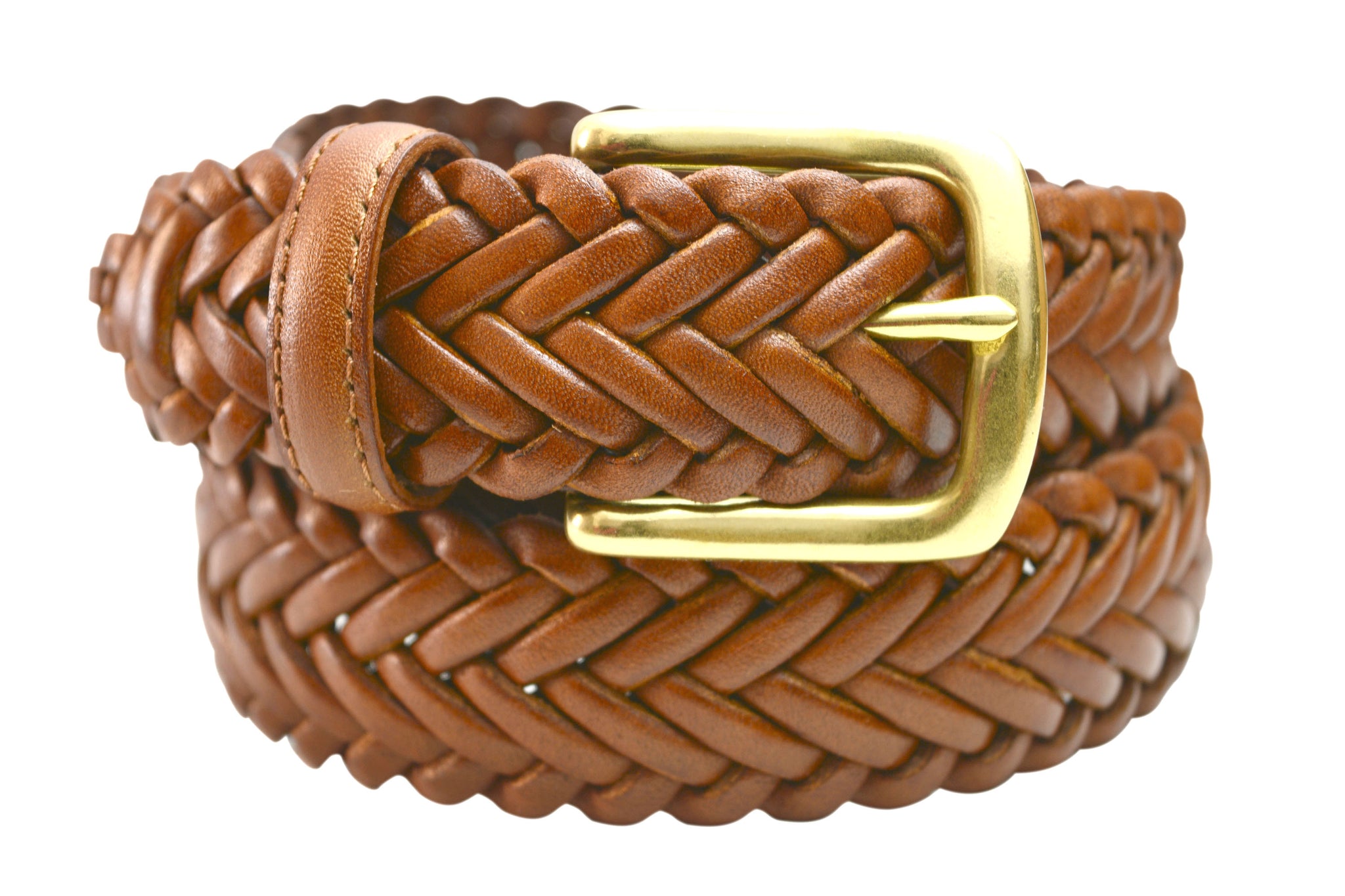 Exclusive Brown and Gold Bicolor Elastic Braided Belt, with Hand-Colored Leather and Nickel-Free Buckle