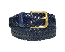 796-NVY Toneka men's navy blue woven plaited leather belt with brass buckle